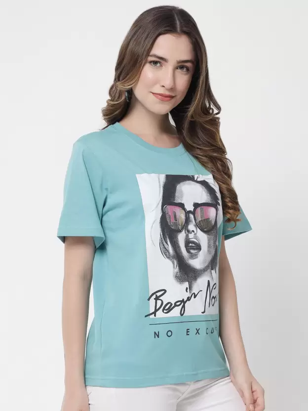 Over Size T Shirt Women Graphic Print Round Neck Light Blue T-Shirt - Image 3