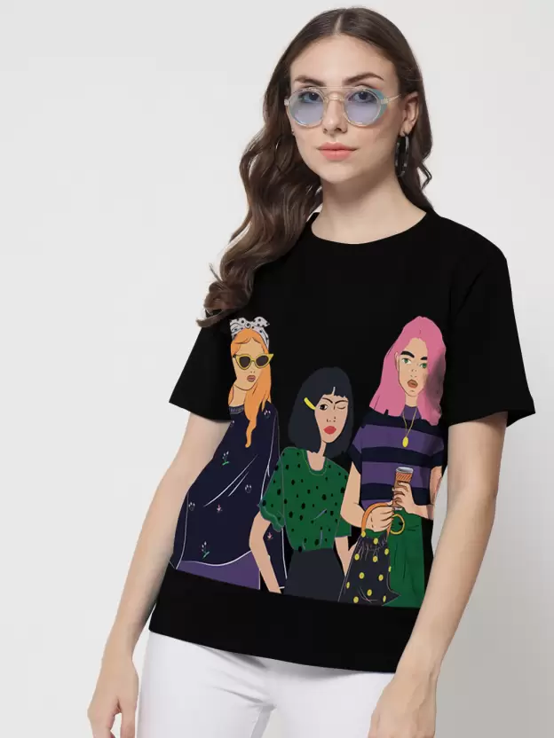 Over Size T Shirt Women Graphic Print Round Neck Light Blue T-Shirt - Image 4